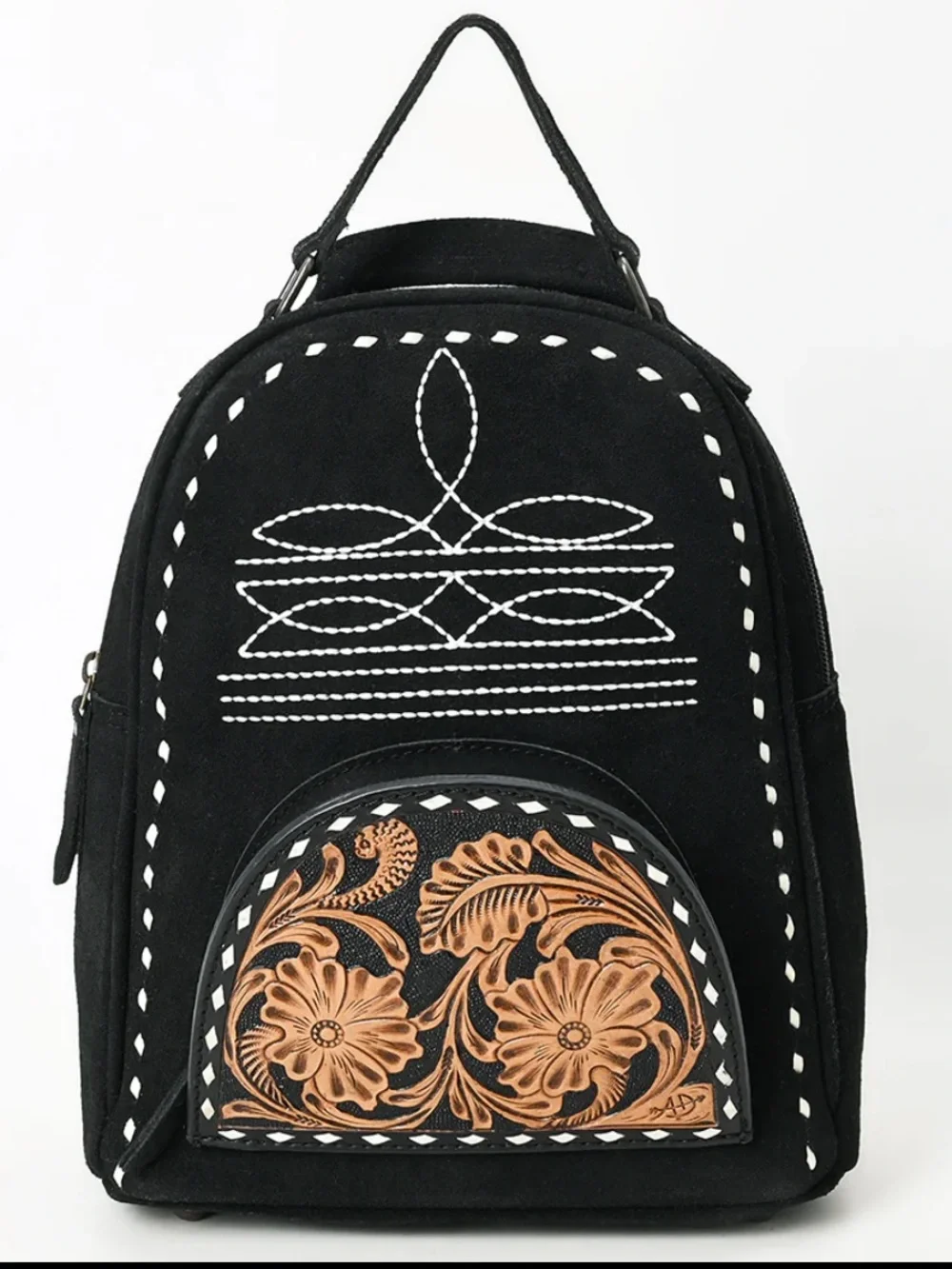 Black Suede Mini Backpack with Floral Leather Accent